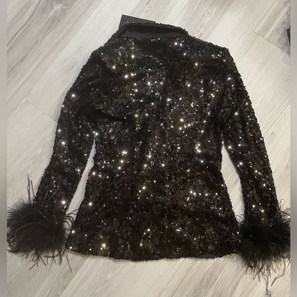 Black Sequin Blazer with Feather Cuffs - Picture 12 of 15